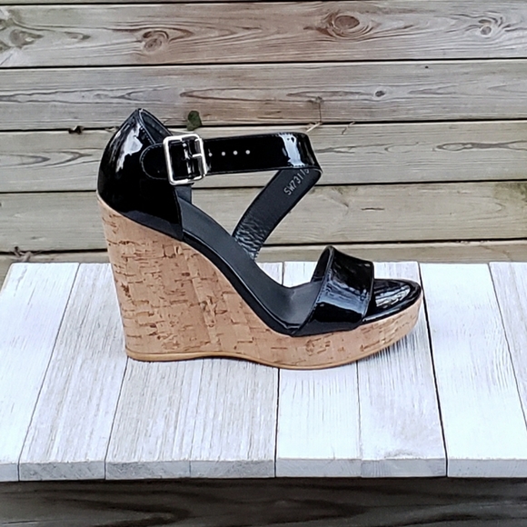 Stuart Weitzman Oneliner Cork Wedge Patent Sandals - Picture 1 of 8